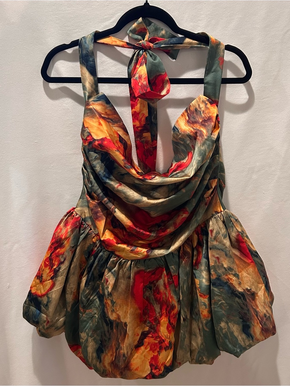 Watercolor Print Satin Ruched Backless Balloon Hem Mini Dress
